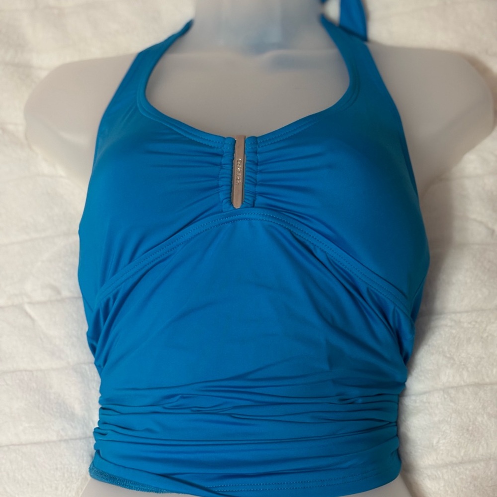 Blue Calvin Klein Halter Tankini Top with Ruched Detail